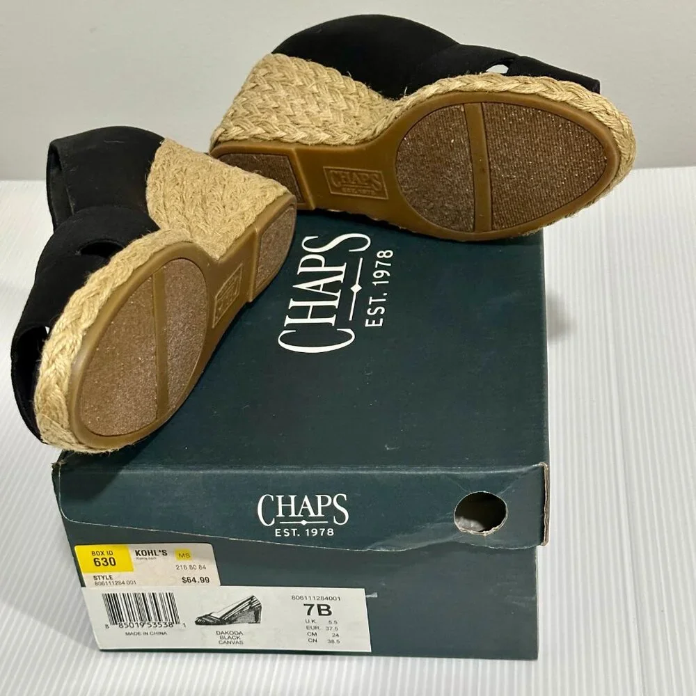 CHAPS Dakoda Black Canvas Espadrille Wedge Open Toes Heels Shoes size 7B